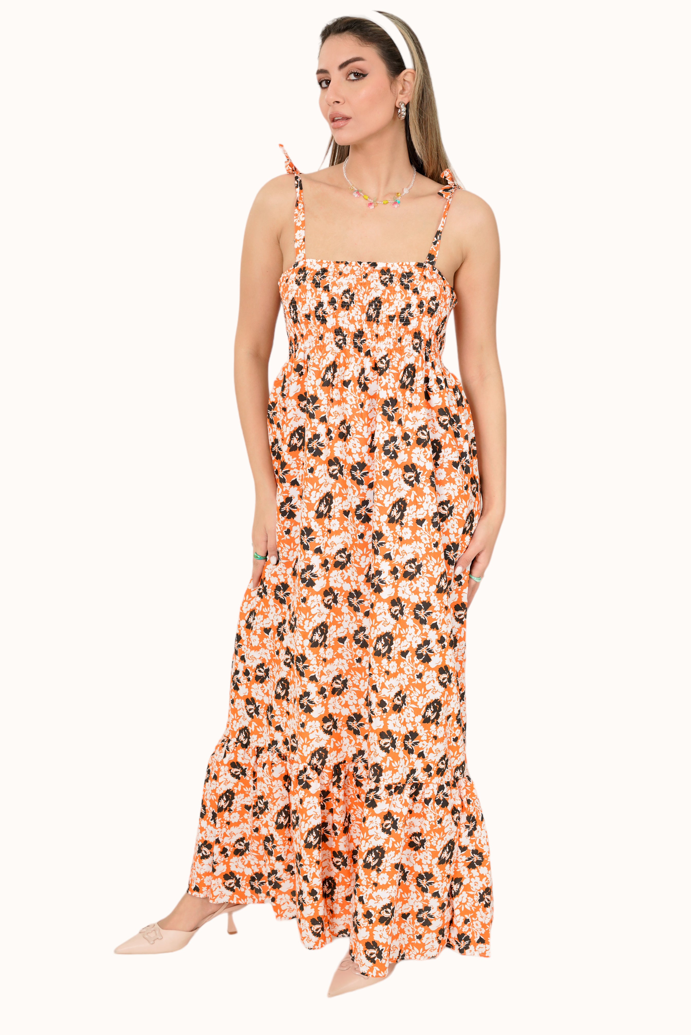 White flower Dress - Orange